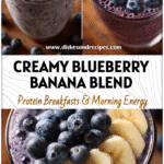 Glass of Blueberry Banana Smoothie topped with fresh blueberries and banana slices for a Healthy Blueberry drink.